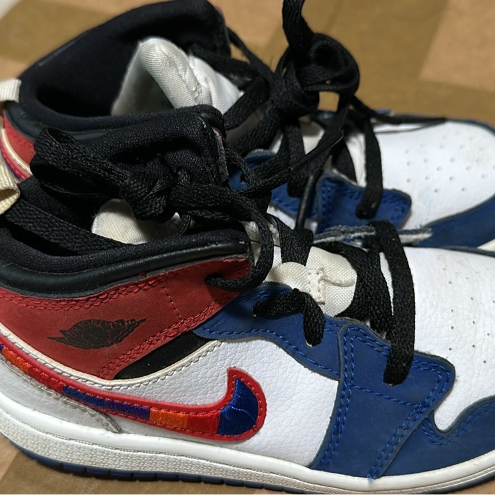 Jordan 1 mid  Kids' Sneakers in Red, Blue, and White